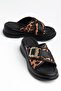 Black Women's Wedge Heel Slippers with Cross Straps and Leopard Pattern - 3