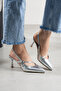 Women's Silver Gray Arya Buckle Detailed Pointed Toe Elastic Band Classic Thin Heeled Shoes