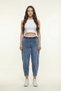 Women's Navy Blue Seasonal Baggy Denim Trousers with Ribbed Waist and Elastic Accessories