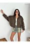 Oversize Khaki Suede Fabric Jacket with Epaulet Detail - 2