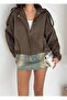 Oversize Khaki Suede Fabric Jacket with Epaulet Detail - 7