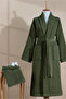 Striped Women's Bathrobe Set 100% Certified Cotton 2 Pieces, Shawl Collar Bathrobe + Head Towel - Dark Green - 2
