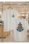 Unisex Black Oversize Cotton Blue Anchor Boat Steering Wheel Front and Back Printed Knitted T-Shirt