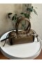 Faux Leather Dark Mink Women's Hand and Shoulder Bag with Belt Detail - 3