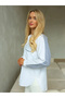 Women's White Blue Striped Garnished Long Sleeve Pocketed Linen Blend Oversize Tunic Shirt - 7