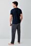 Men's Cotton Short Sleeve Buttoned Collar Navy Blue Pajama Set - 4