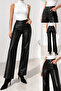 Faux Leather Pants High Waist Wide Leg / Back Pockets - 3