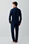 Men's Cotton Navy Blue Long Sleeve Buttoned Shirt Boxed Pajama Set - 4