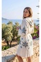 Women's Ecru Evil Eye Bead Embroidered Hooded Tasseled Bamboo Muslin Bathrobe - Beach and Home Bathrobe - 2