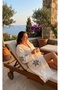 Women's Ecru Evil Eye Bead Embroidered Hooded Tasseled Bamboo Muslin Bathrobe - Beach and Home Bathrobe - 3