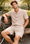 Men's Waffle Fabric Short Sleeve Shirt Shorts Set Regular Summer Two-Piece Set - Beige - 5
