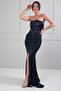 Women's Strapless Bat Collar Lined Sequin-Beaded Long Dress
