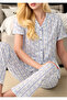 Women's Blue Floral Print Button down Pajamas Set - Short Sleeve Cotton Loungewear Set - 3