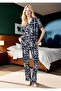 Women's Navy Blue Floral Patterned Buttoned Pajama Set - Shirt Collar Cotton Home Wear - 2