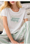 Women's White Aqua Green Striped Pajama Set - Cotton Long Pants Home Wear Set - 3