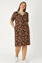 Brown Floral Patterned Women's Cotton Dress with Zipper and Pockets - 3