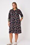 Navy Blue Patterned Full Zipper Dress with Ribbed Pockets and Cotton Fabric, Plus Size, Three-Quarter Sleeves - 3
