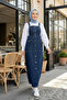Women's Navy Blue Denim Salopet with Adjustable Straps, Buttons and Pockets - 2