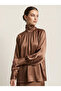 Women's Camel Balloon Sleeve Satin Shirt Nj99