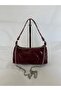Burgundy Patent Leather Chain Strap Women's Shoulder Bag – Studded Y2K Baguette Model - 3