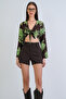 Coffee-Green V-Neck Patterned Blouse with Tie Detail Alc-X15375 - 2
