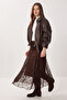 Velvet Patterned Gathered Tulle Skirt Lnt0023 Brown - 3