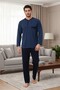 Men's Indigo Long Sleeve Button Detailed 100% Cotton Design Large Size (Oversized) Pajama Set - 3