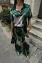 Wide-Leg Patterned Satin Fabric Shirt and Trousers Set - 2