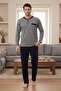 Men's Gray Long Sleeve Button Detailed 100% Cotton Design Large Size (Oversized) Pajama Set - 3