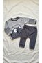 Two-Piece Baby Set with Cat Figure, Striped Sleeves and Ribbed Pants