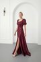 Women's Burgundy Square Neck Balloon Sleeve Slit Dress for Promise, Engagement, Wedding, Evening Dress - 3