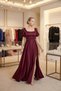 Women's Burgundy Square Neck Balloon Sleeve Slit Dress for Promise, Engagement, Wedding, Evening Dress - 6