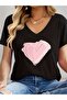 Women's V-Neck Pink Heart Printed White/Black T-Shirt Loose Oversize