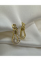 Chain Detailed Stoned Geometric Steel Earrings - Golden Pave Link Drop Earrings - 3