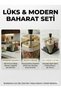 4-Piece Luxury Glass Spice Rack Set - Desktop Salt and Pepper Shakers with Gold Detailed Metal Lids and Stand