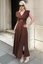 Brown V-Neck Buckled Slit Women's Maxi Dress Mg2713 - 6