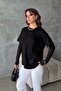 Women's Black Lace Sleeve Oversized Modal Textured T-Shirt - 2