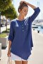 Cobalt Blue Round Neck Buttoned 3/4 Sleeve Single Pocket Tacky Stitching Casual Muslin Woven Blouse 75 65 - 5