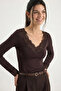 Women's Brown V-Neck Ruched Viscose Blouse 1041 60283944 - 3