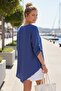 Cobalt Blue Round Neck Buttoned 3/4 Sleeve Single Pocket Tacky Stitching Casual Muslin Woven Blouse 75 65 - 2