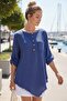 Cobalt Blue Round Neck Buttoned 3/4 Sleeve Single Pocket Tacky Stitching Casual Muslin Woven Blouse 75 65 - 4