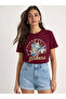 Women's Burgundy Embossed Floral Appliqué Lettering Printed Basic T-Shirt 7524 60283951 - 3