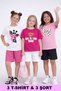 Girl's 3-Piece Set Giraffe and Teddy Bear Printed Summer Cotton T-Shirt Shorts Top-Down Set