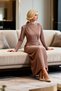 Women's Dress with Hijab, High Collar, Long Sleeve, Sandy Woven, Straight Cut, Maxi Length, Knitted, Unlined, Waist Detail - 3