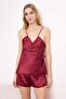 Burgundy Tie-Up and Striped Detail Satin Woven Pajamas Set Thmss26Pt00095 - 4