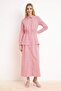Kırmızı Beli Gipe Lastkli Ekose / Kareli Maxi Dokuma Tesettür Elbise TCTSS26EB00092 - 5
