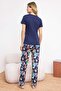 Lacivert %100 Pamuklu Çiçekli Sloganlı Örme Pijama Takımı THMSS25PT00378 - 4