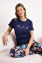 Lacivert %100 Pamuklu Çiçekli Sloganlı Örme Pijama Takımı THMSS25PT00378 - 2