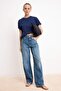 Lacivert %100 Kalın Pamuklu Oversize/Geniş Kalıp Bisiklet Yaka Örme T-Shirt TWOSS23TS00040 - 2
