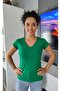 Women's Green Color Short Sleeve V-Neck Body
